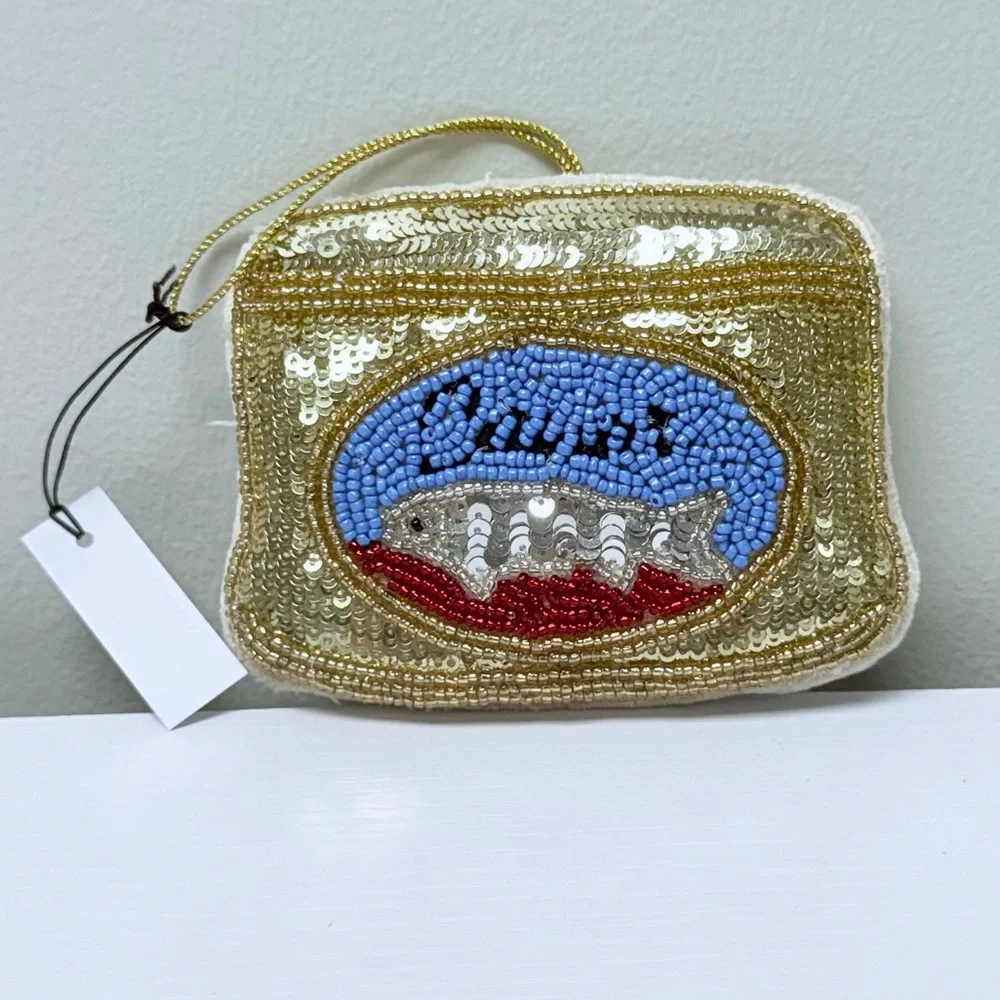 New! Anthropologie Beaded Accoutrement “Caviar” Ornament, Gold and Blue Accent